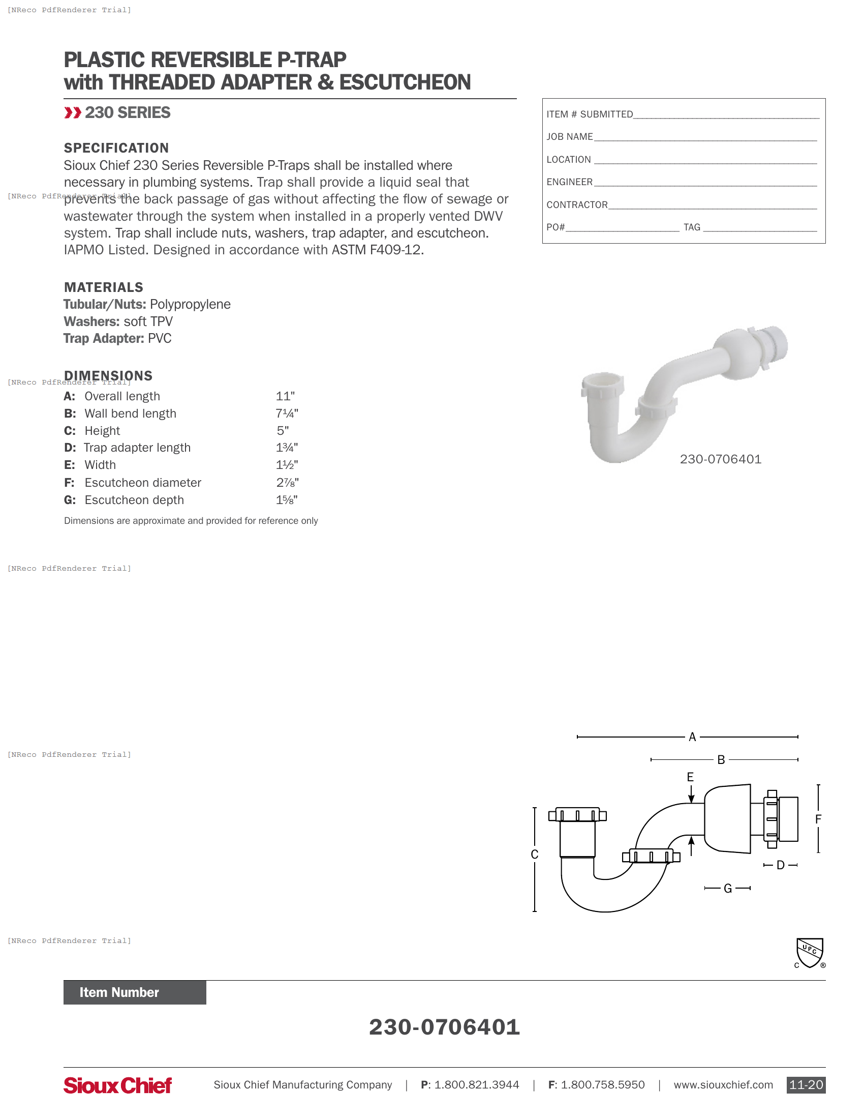 230 SERIES - PLASTIC REVERSIBLE P-TRAP WITH TRAP ADAPTER & ESCUTCHEON - SPEC SHEET.PDF Specification Document